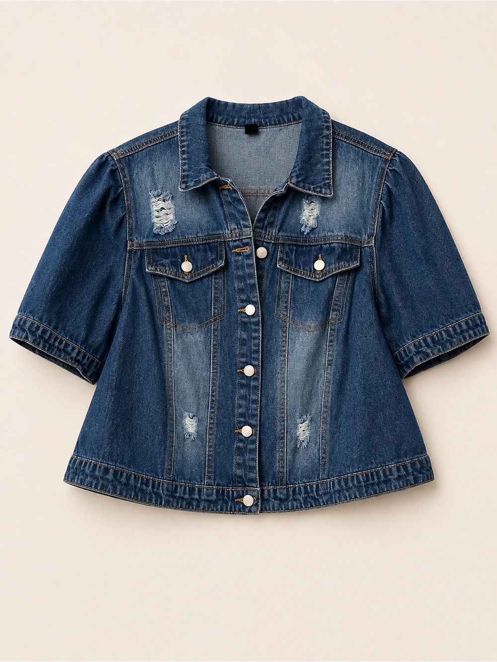 Distressed Short-Sleeve Denim Jacket - Blue